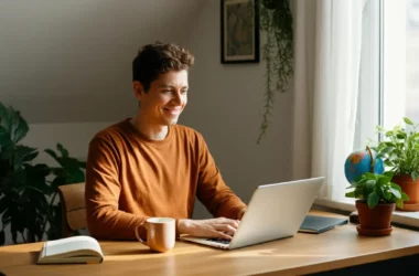 Homem sorridente trabalhando remotamente em casa, sentado em uma mesa de madeira com um laptop, uma xícara de café quente e plantas ao redor. A luz natural entra pela janela, criando um ambiente aconchegante com elementos decorativos de viagem, como um globo terrestre.