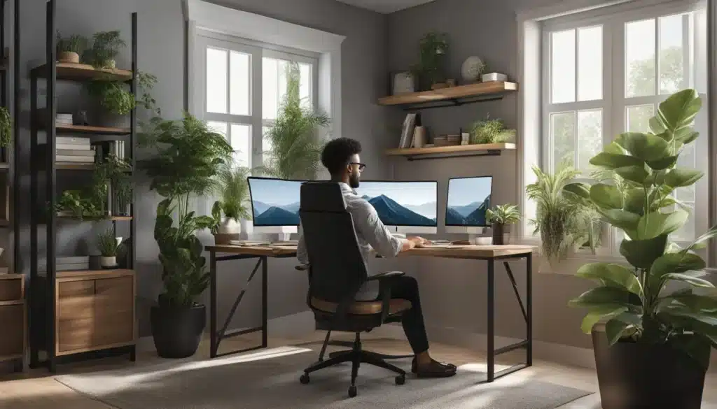 homem trabalhando de casa olhando para 3 monitores