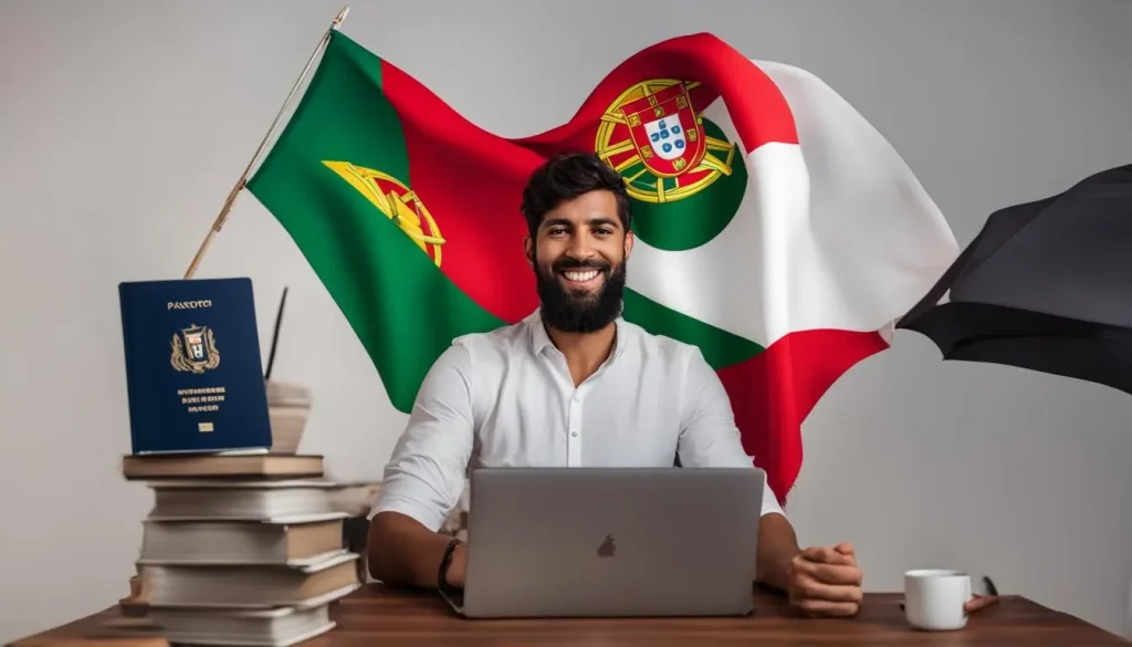 homem sentado em uma mesa com a bandeira de portugal atrás dele