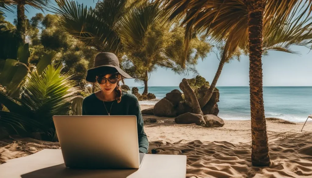 mulher nômade digital trabalhando com um notebook na praia