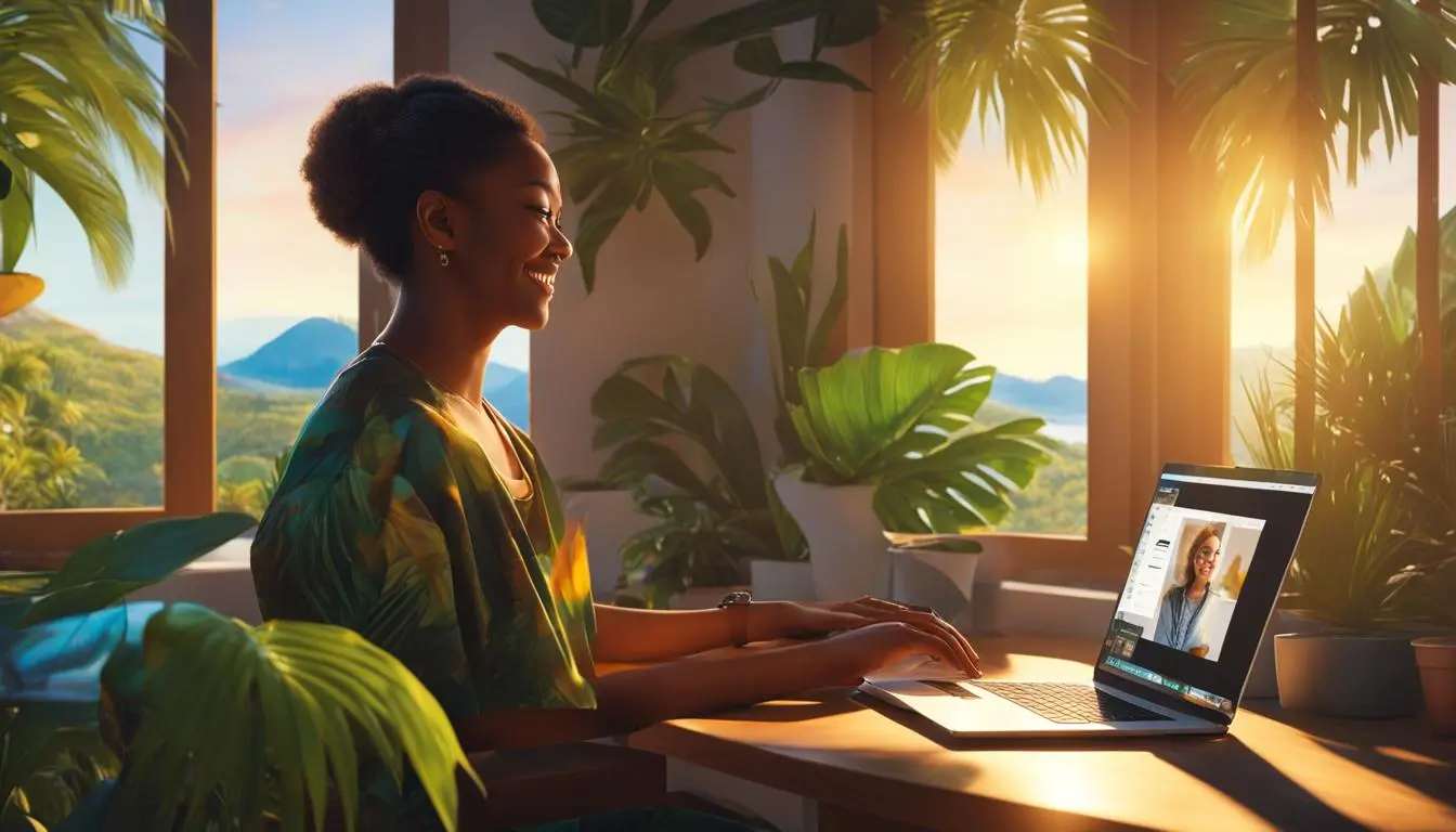 mulher negra em frente a um notebook com uma montanha da janela ao fundo
