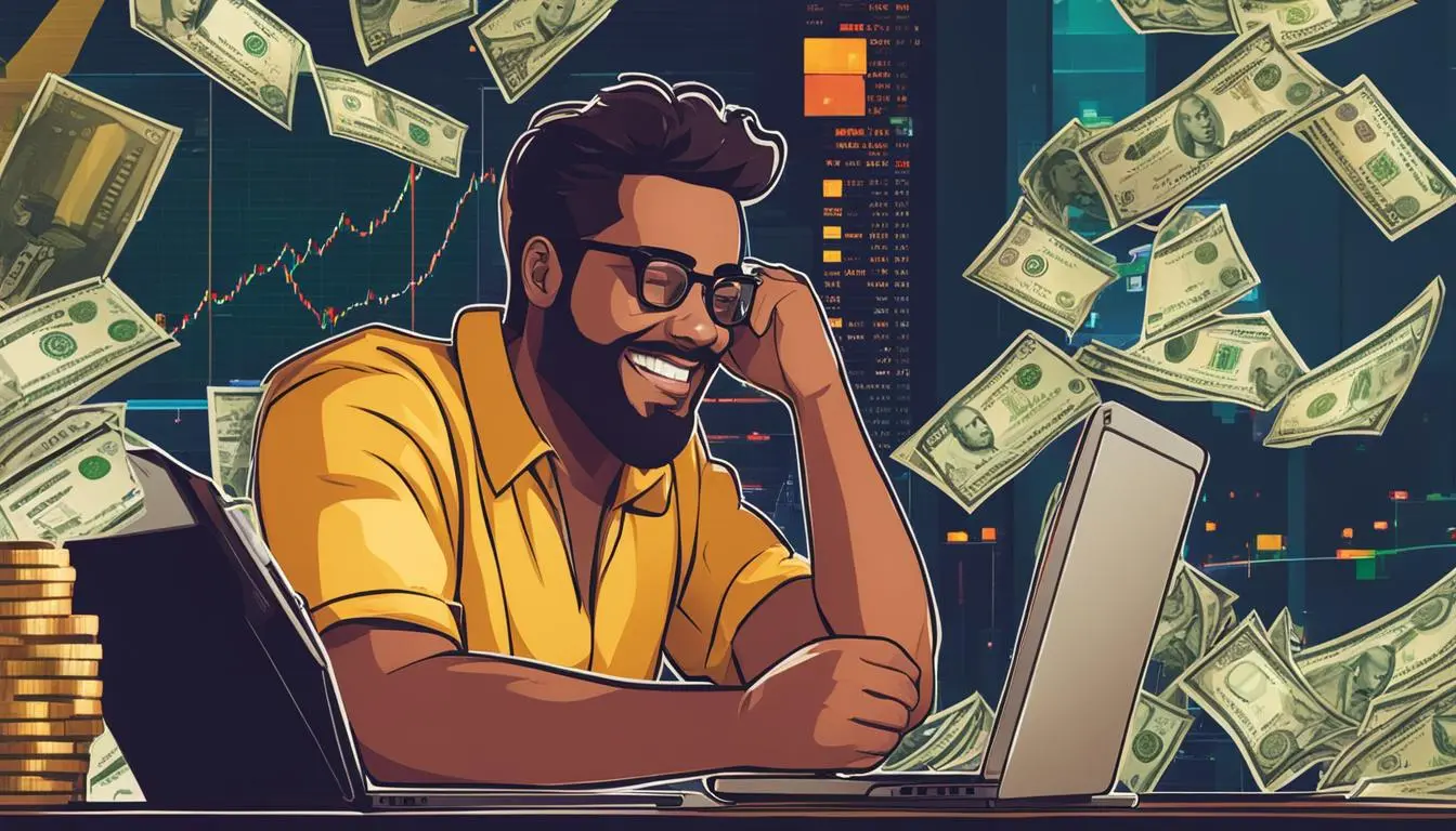 homem feliz olhando para o computador como se estivesse ganhando dinheiro
