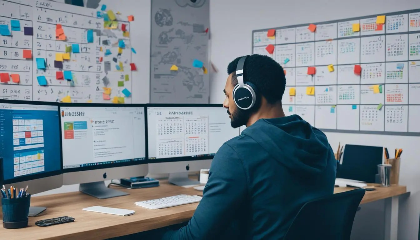 freelancer trabalhando remotamente olhando para 3 monitores usando um fone de ouvido