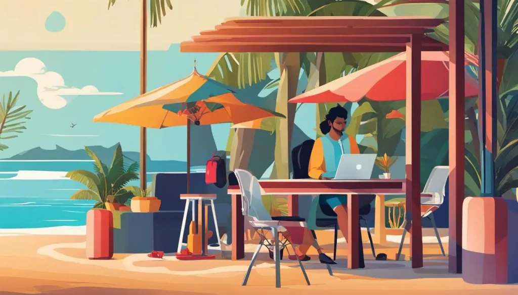 nômade digital trabalhando embaixo de um guarda-sol na praia