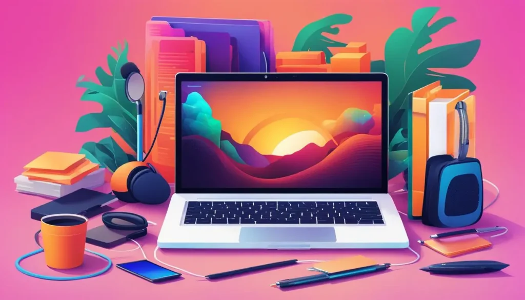 notebook aberto e materiais de escritório em cima da mesa