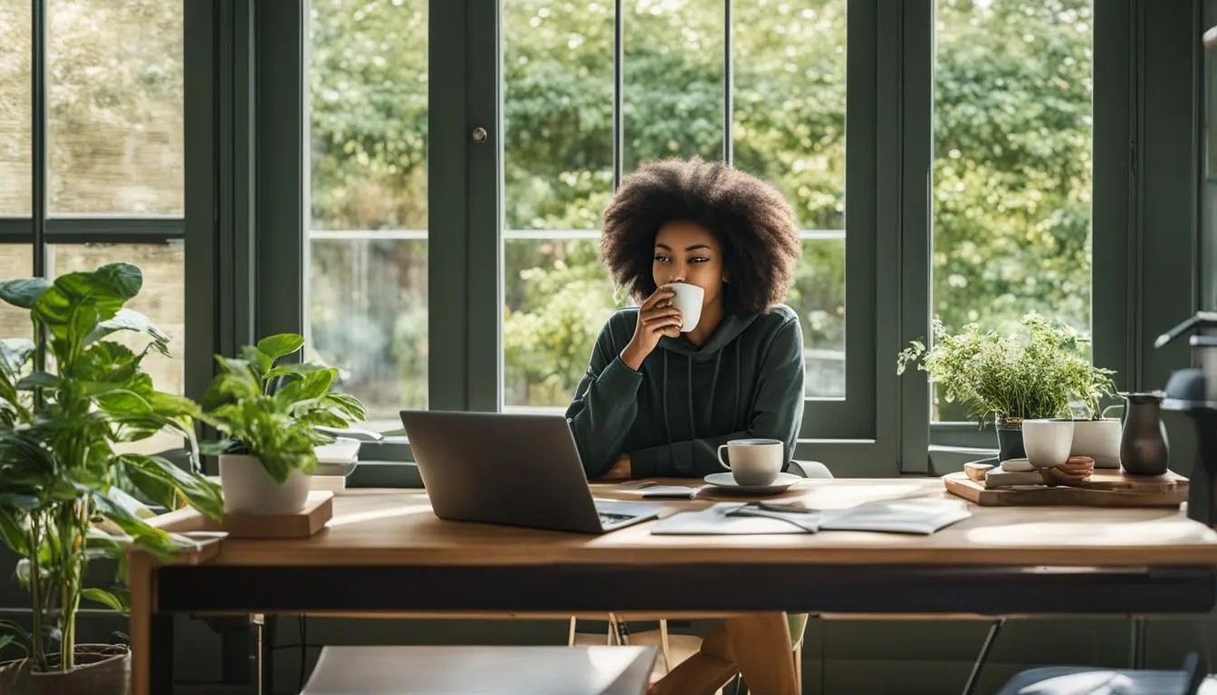 freelancer tomando café e olhando para o computador