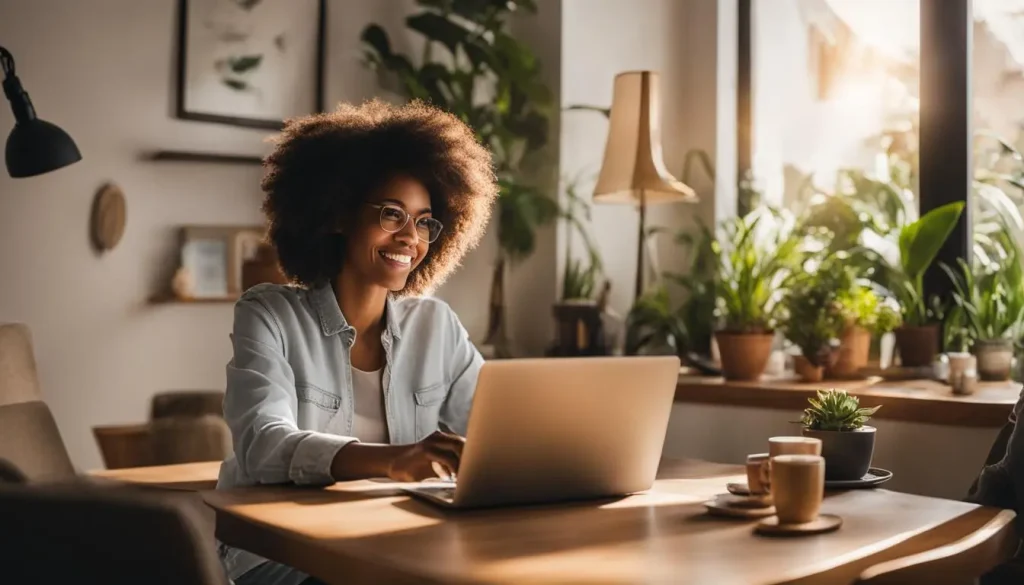 mulher de pele negra trabalhando remotamente e olhando sorrindo para o notebook