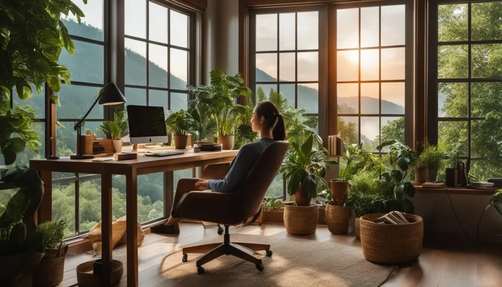 mulher trabalhando remotamente em uma sala com plantas verdes e vidros