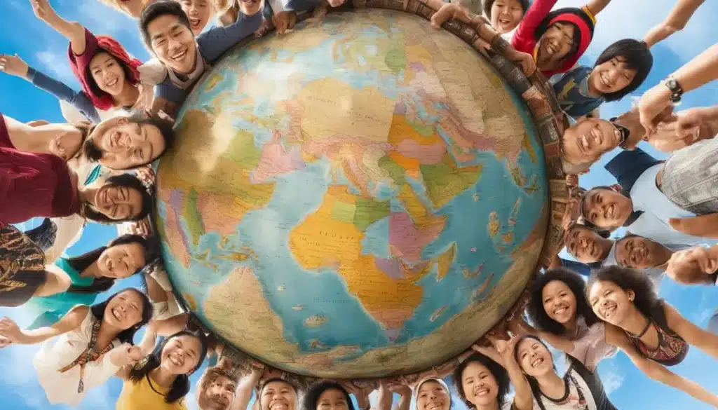 muitas pessoas em volta de um globo mapa mundi