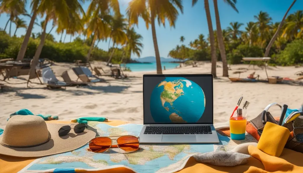 notebook na praia com óculos de sol ao lado e coqueiros e mar ao fundo