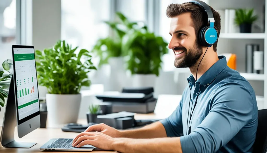 nômade digital fazendo homme office olhando para o monitor e sorrindo