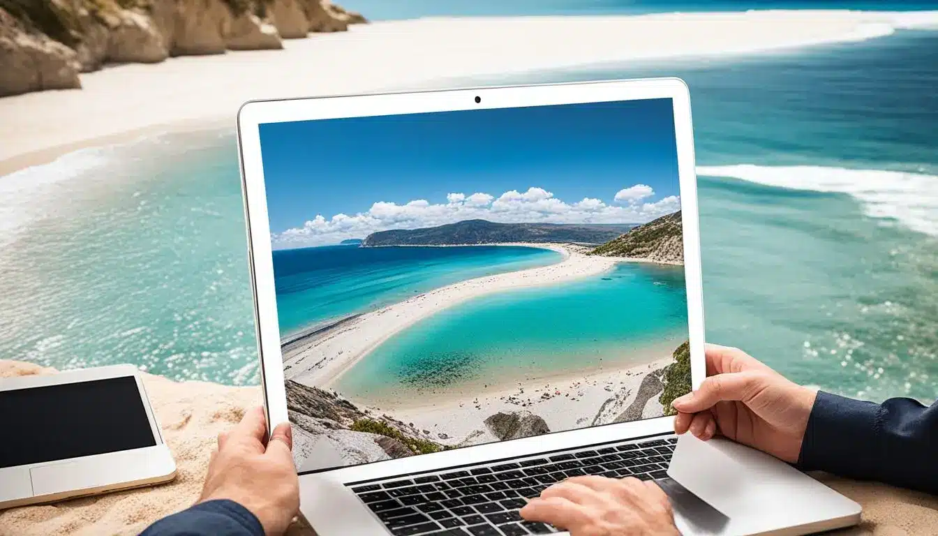 nômade digital com um notebook com uma praia sendo o fundo de tela