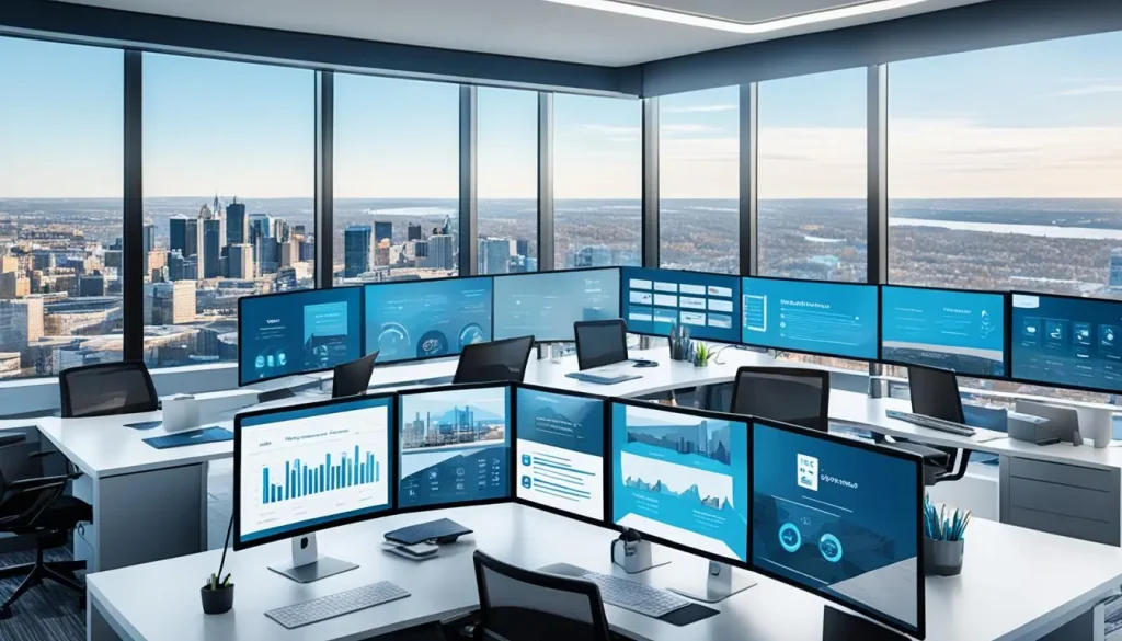escritório de trabalho com vários monitores e prédios ao fundo