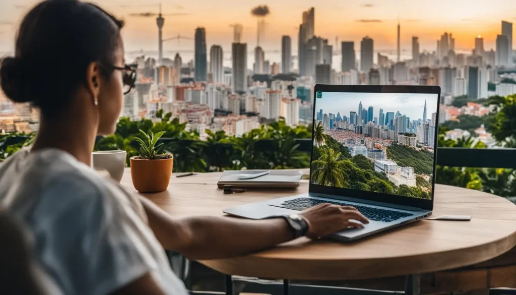 nômada digital trabalhando remotamente e olhando para os prédios