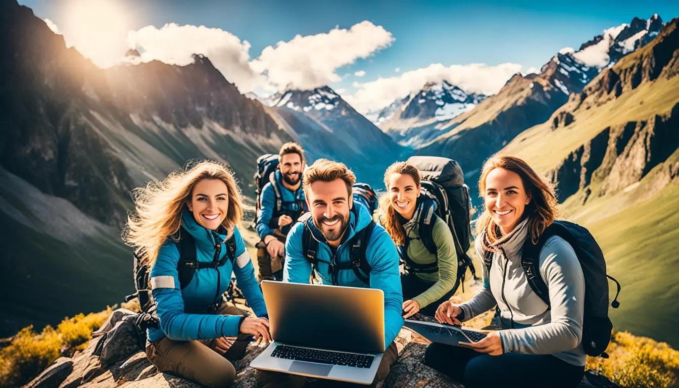 grupo de 5 nômades digitais na frente de uma montanha com um notebook aberto