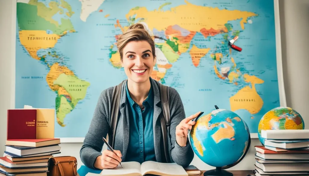 expatriada em uma sala sorrindo com um globo terrestre e livros sobre a mesa