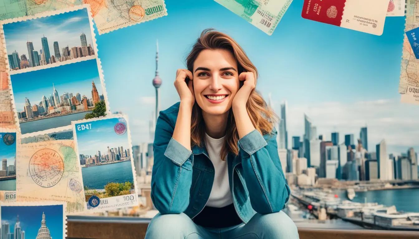 expatriada olhando para frente sorrindo e fotos do exterior atrás dela