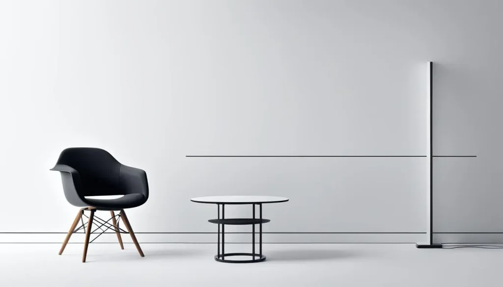 sala minimalista com uma cadeira e uma mesa de centro