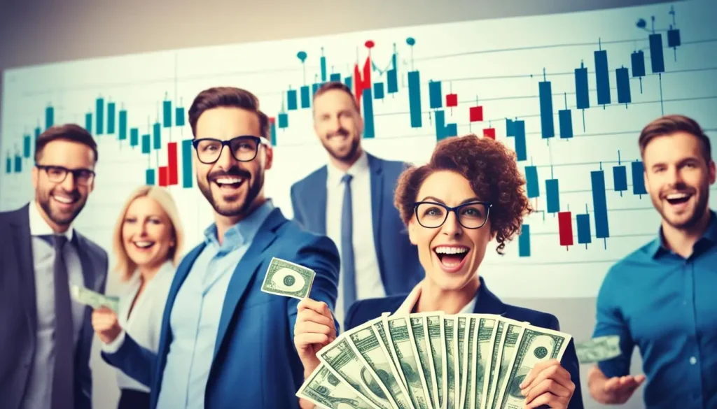 analistas do mercado financeiro sorrindo e uma mulher com notas de dólares nas mãos