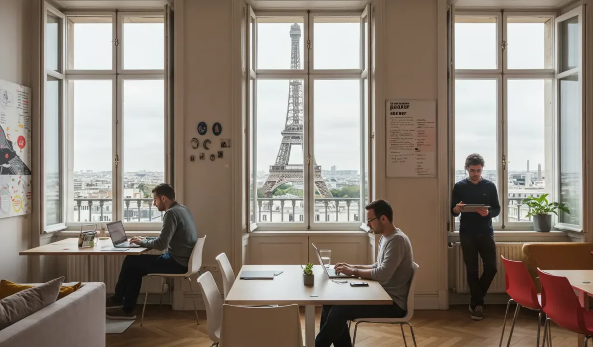 Dois nômades digitais trabalham em um espaço de coworking moderno e iluminado em Paris. Um está sentado à mesa com um laptop, enquanto o outro está de pé com um tablet. Grandes janelas ao fundo mostram a Torre Eiffel com clareza. O ambiente tem luz natural, decoração minimalista e plantas, transmitindo uma atmosfera relaxada e produtiva.