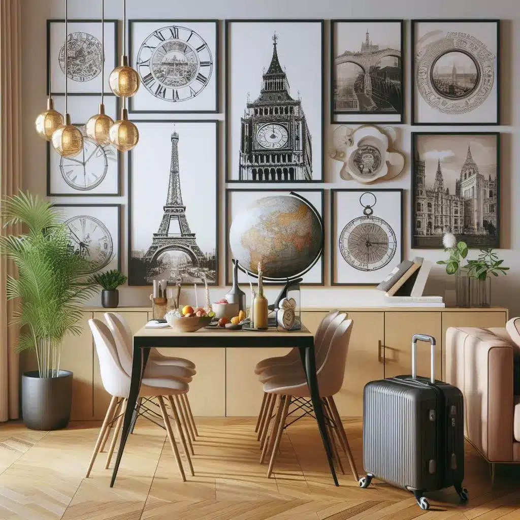 sala de apartamento com quadros de viagens