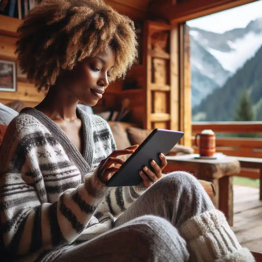 mulher lendo em seu kindle. ela está em uma cabana com montanhas ao fundo.