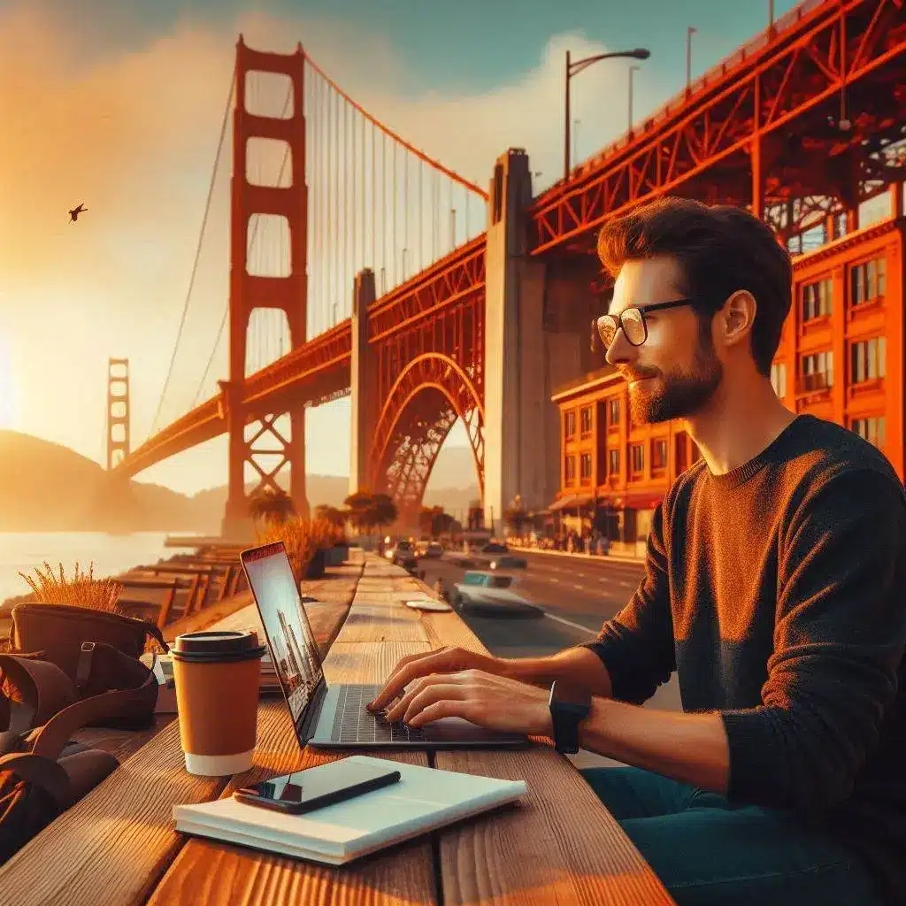homem trabalhando com seu laptop próximo a ponte golden gate em são francisco