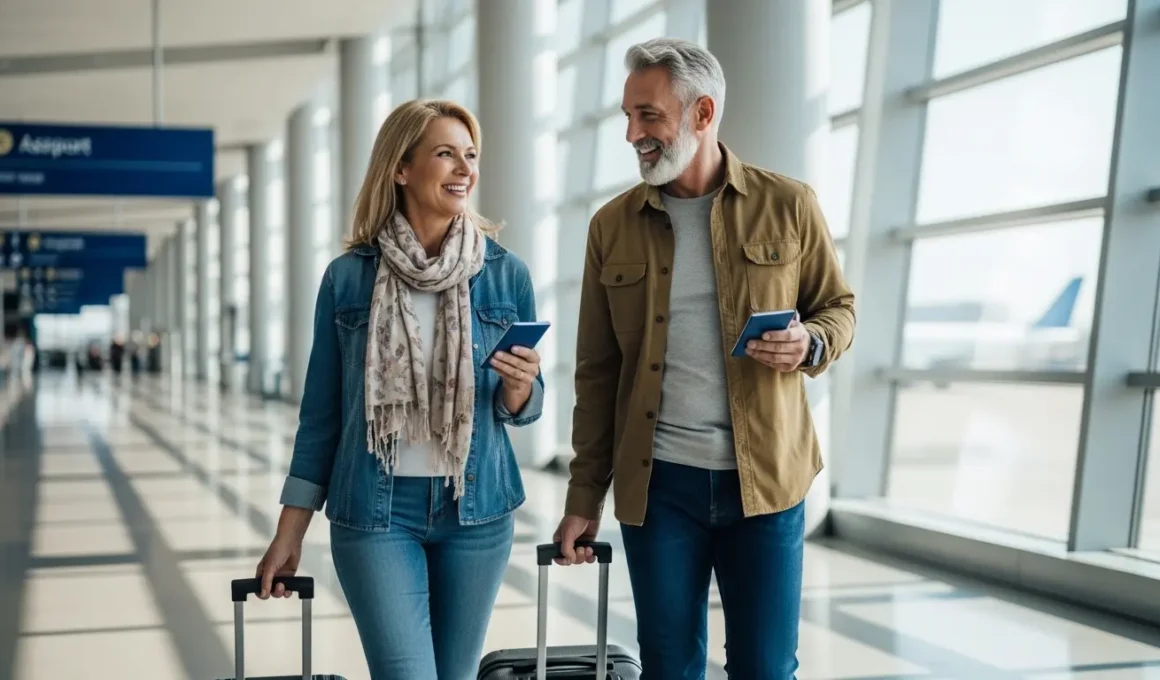 Casal de cerca de 50 anos caminhando em um aeroporto, sorrindo e carregando malas, segurando passaportes e celulares nas mãos, com aviões visíveis ao fundo através de grandes janelas.
