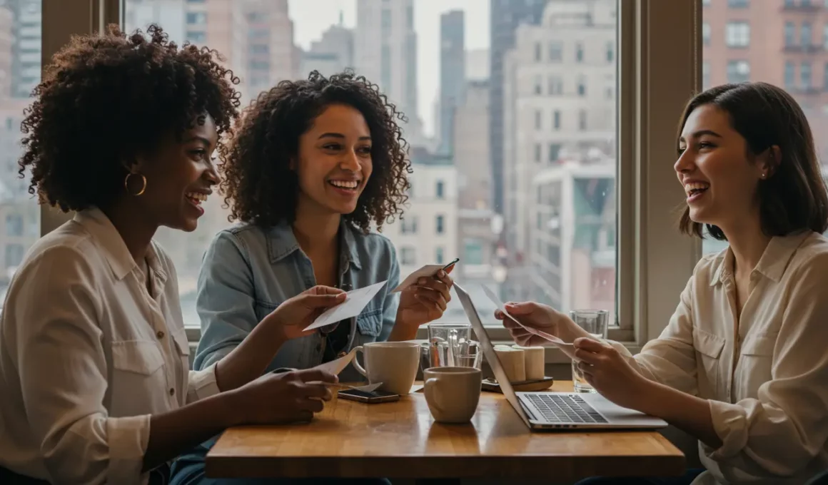 Três amigas digital nomads estão em um café em Nova York, felizes e sorridentes enquanto dividem a conta. Uma delas é negra, com cabelo natural, e todas vestem roupas casuais e modernas. Na mesa, há laptops e xícaras de café, representando o estilo de vida conectado e profissional delas. Ao fundo, o ambiente acolhedor do café revela grandes janelas com vista para a paisagem urbana da cidade. A cena transmite amizade, produtividade e a liberdade de trabalhar remotamente em um local vibrante