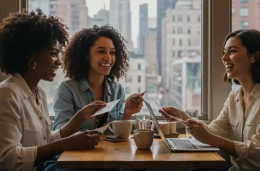 Três amigas digital nomads estão em um café em Nova York, felizes e sorridentes enquanto dividem a conta. Uma delas é negra, com cabelo natural, e todas vestem roupas casuais e modernas. Na mesa, há laptops e xícaras de café, representando o estilo de vida conectado e profissional delas. Ao fundo, o ambiente acolhedor do café revela grandes janelas com vista para a paisagem urbana da cidade. A cena transmite amizade, produtividade e a liberdade de trabalhar remotamente em um local vibrante