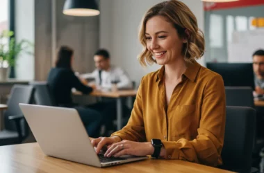 Mulher de 35 anos sorrindo enquanto busca trabalho remoto em seu laptop, sentada em um coworking moderno. O ambiente ao redor tem outras pessoas trabalhando, criando uma atmosfera produtiva e dinâmica.