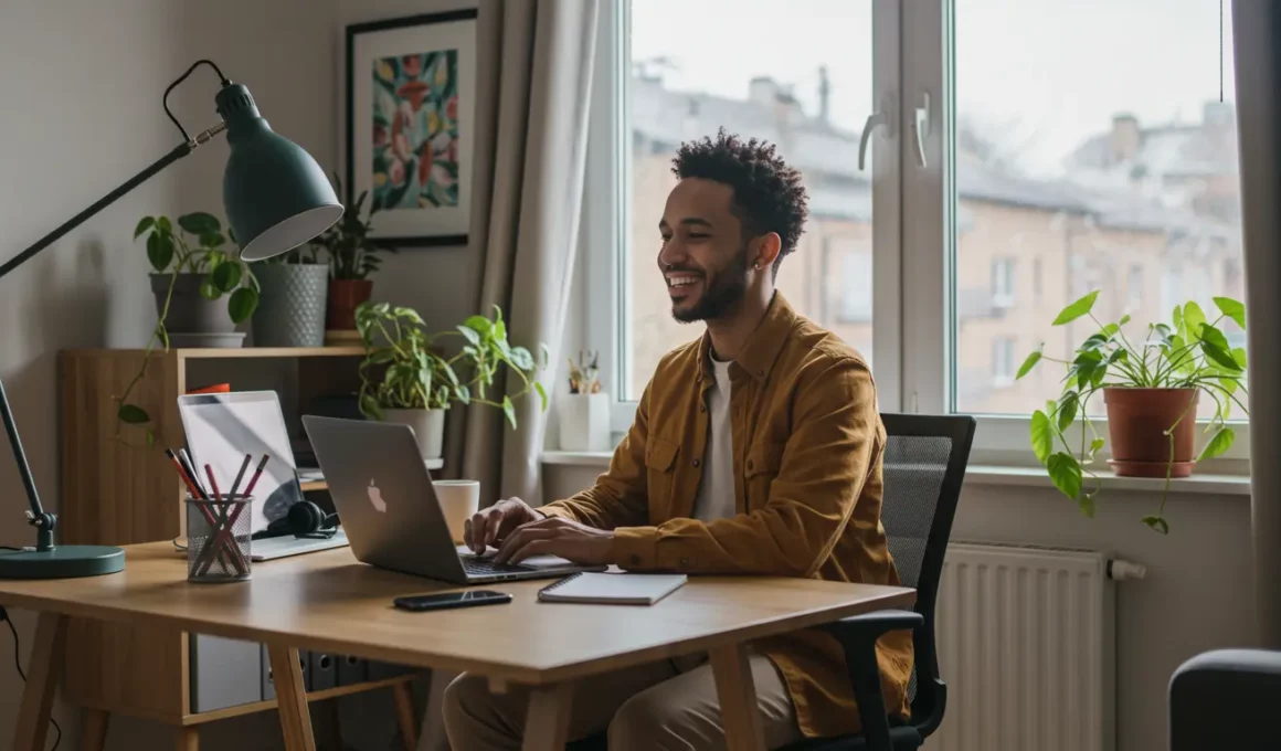 Global worker sorridente trabalhando remotamente de casa, sentado em uma mesa com notebook, plantas ao redor e luz natural entrando pela janela. Ambiente moderno e acolhedor, refletindo o estilo de vida de um nômade digital.
