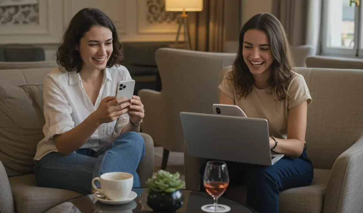 Duas mulheres jovens e estilosas, aparentando cerca de 30 anos, estão sentadas lado a lado em um lounge elegante de hotel na França. Elas sorriem enquanto seguram seus iPhones, demonstrando descontração e conexão. O ambiente tem decoração sofisticada com luz natural suave, móveis modernos e detalhes como uma xícara de café e um notebook sobre a mesa, sugerindo uma rotina de trabalho remoto. Ambas as mulheres têm aparência confiante e representam diversidade étnica.