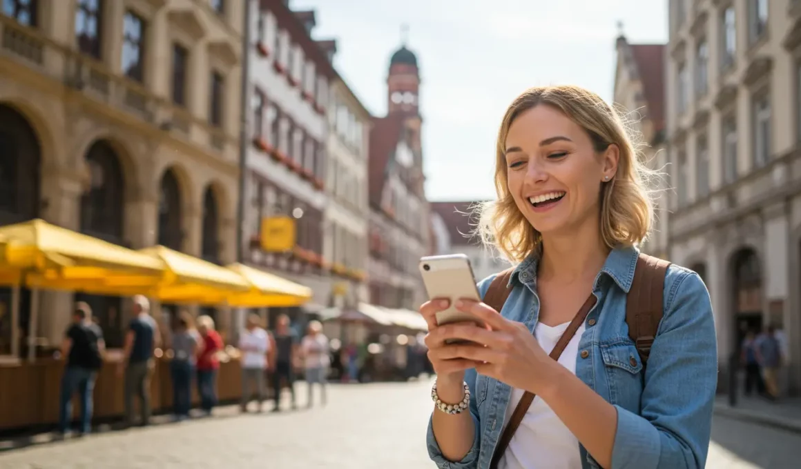 Mulher viajante de 35 anos sorri enquanto olha para o celular, em uma rua da Alemanha com arquitetura típica ao fundo. Ela veste roupas casuais de viagem e parece feliz, aproveitando o momento sob a luz suave de um dia ensolarado.