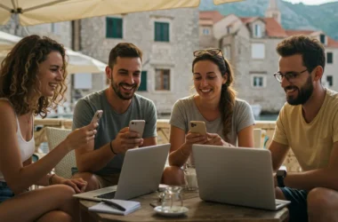 Quatro nômades digitais felizes sentados em um café ao ar livre na Croácia, sorrindo e usando seus iPhones. A mesa tem laptops, xícaras de café e cadernos, enquanto ao fundo aparecem construções de pedra típicas croatas sob a luz do sol.