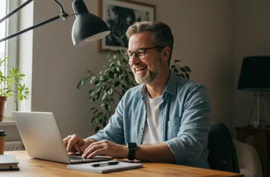 Homem de 40 anos sorridente, parecido com Anderson Porangaba Azevedo, trabalhando remotamente em um escritório doméstico iluminado. Ele está sentado em uma mesa com notebook, rodeado por plantas e itens pessoais, transmitindo uma sensação de conforto, produtividade e bem-estar.