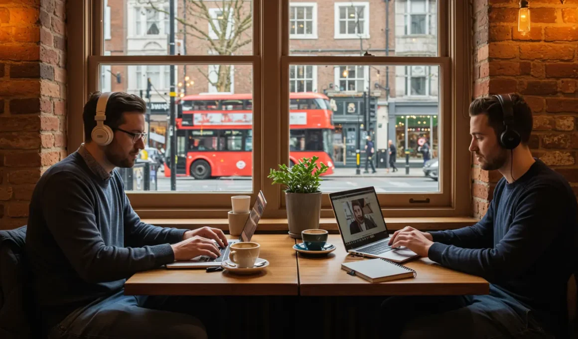 Dois nômades digitais trabalham em um café aconchegante em Londres. Um deles usa fones de ouvido enquanto digita em um laptop; o outro participa de uma videochamada em um tablet. A mesa está decorada com xícaras de café, cadernos e plantas. Ao fundo, grandes janelas mostram uma rua londrina com arquitetura vitoriana e um ônibus vermelho de dois andares. A cena transmite um ambiente moderno, produtivo e descontraído.