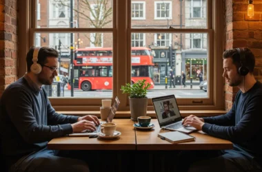 Dois nômades digitais trabalham em um café aconchegante em Londres. Um deles usa fones de ouvido enquanto digita em um laptop; o outro participa de uma videochamada em um tablet. A mesa está decorada com xícaras de café, cadernos e plantas. Ao fundo, grandes janelas mostram uma rua londrina com arquitetura vitoriana e um ônibus vermelho de dois andares. A cena transmite um ambiente moderno, produtivo e descontraído.