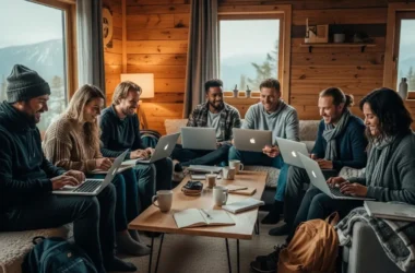Seis nômades digitais felizes trabalham juntos dentro de um chalé de madeira aconchegante em uma localização remota. Eles usam laptops sentados ao redor de uma mesa, com canecas de café e cadernos espalhados. Grandes janelas revelam uma paisagem natural isolada com montanhas e floresta ao fundo, iluminada por luz natural suave.