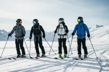 Quatro esquiadores descendo juntos uma montanha nevada em dia claro, usando equipamentos de segurança.