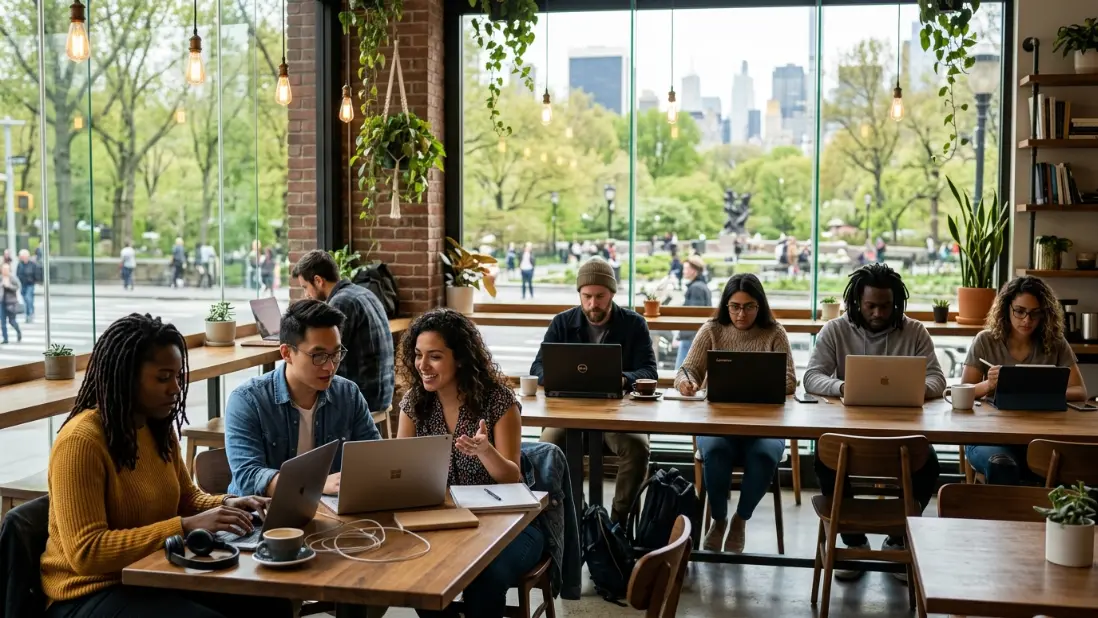 Sete nômades digitais trabalham em laptops dentro de um café moderno e aconchegante em Nova York. Através de grandes janelas de vidro, é possível ver o Central Park ao fundo, com árvores iluminadas pela luz natural. As pessoas são diversas e estão concentradas ou conversando suavemente, cercadas por xícaras de café, cadernos e plantas, criando um ambiente produtivo e relaxado.