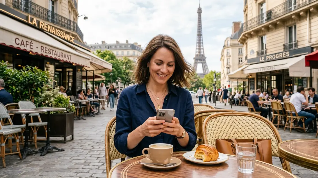 Mulher de aproximadamente 35 anos sentada em uma mesa de café ao ar livre em Paris, olhando para o celular enquanto segura uma xícara de café. Ao fundo, a Torre Eiffel aparece em destaque entre edifícios e árvores, sob a luz suave do dia. O ambiente transmite o charme dos cafés parisienses, com mesas, cadeiras e movimento urbano ao redor.