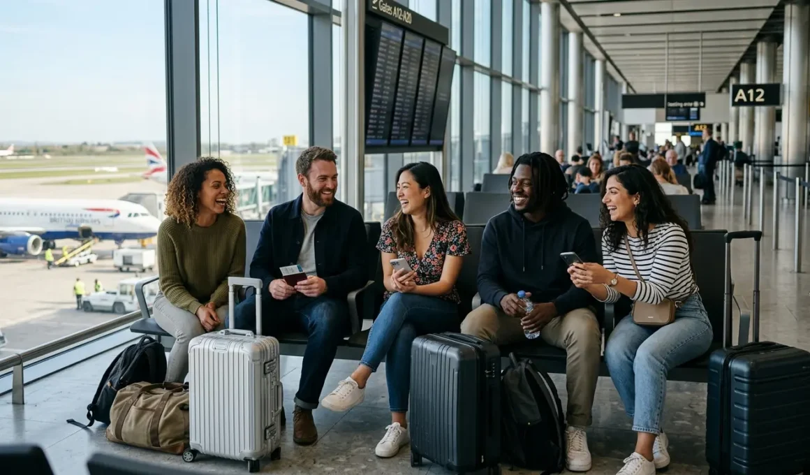 Cinco pessoas felizes e sorridentes aguardam em uma sala de embarque de aeroporto, acompanhadas de malas e bagagens de mão, enquanto conversam e aproveitam o momento antes da viagem.
