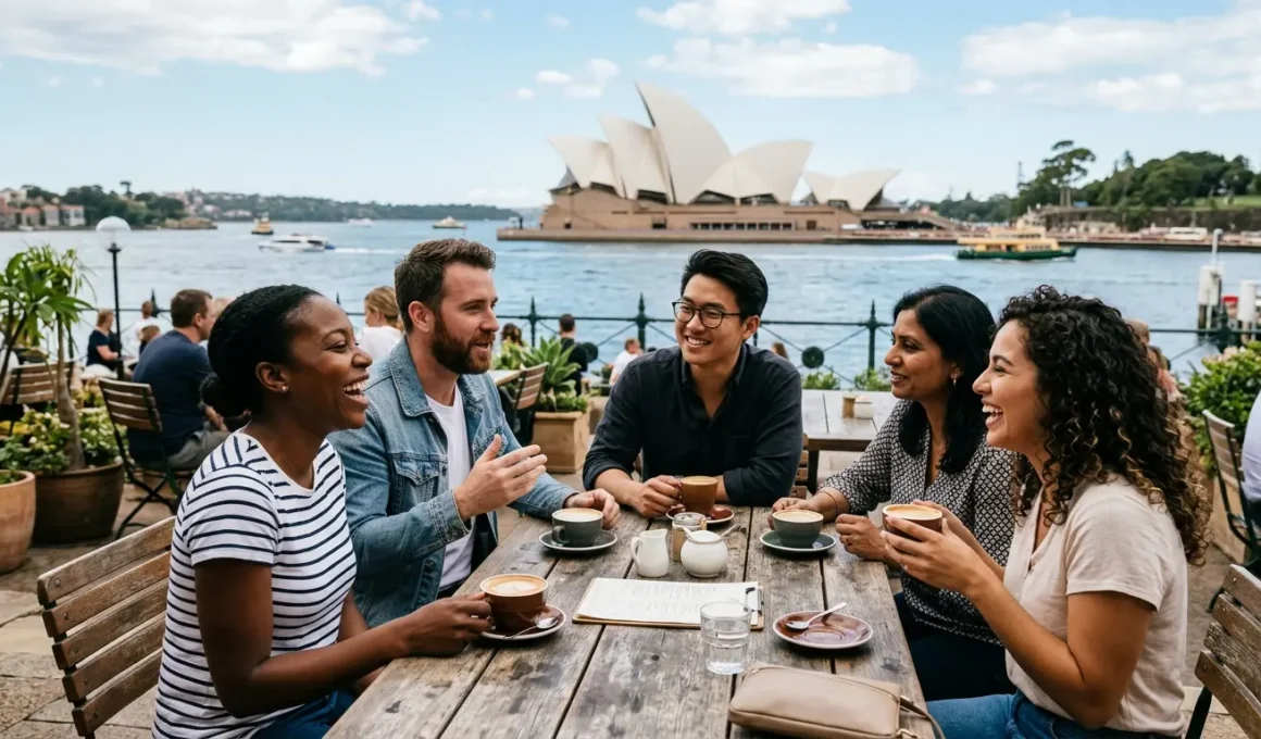 Cinco pessoas tomando café em uma cafeteria ao ar livre em Sydney, na Austrália, com a Ópera de Sydney ao fundo.