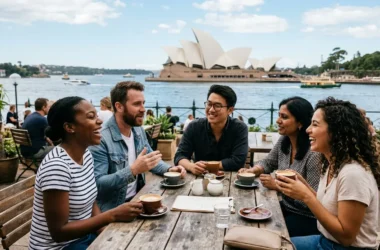 Cinco pessoas tomando café em uma cafeteria ao ar livre em Sydney, na Austrália, com a Ópera de Sydney ao fundo.