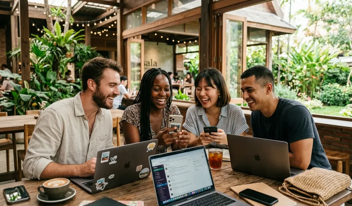 Quatro nômades digitais felizes conversam e olham para seus celulares em um café moderno na Tailândia, cercados por plantas, móveis de madeira e uma atmosfera tropical, enquanto laptops e acessórios de viagem estão sobre a mesa.