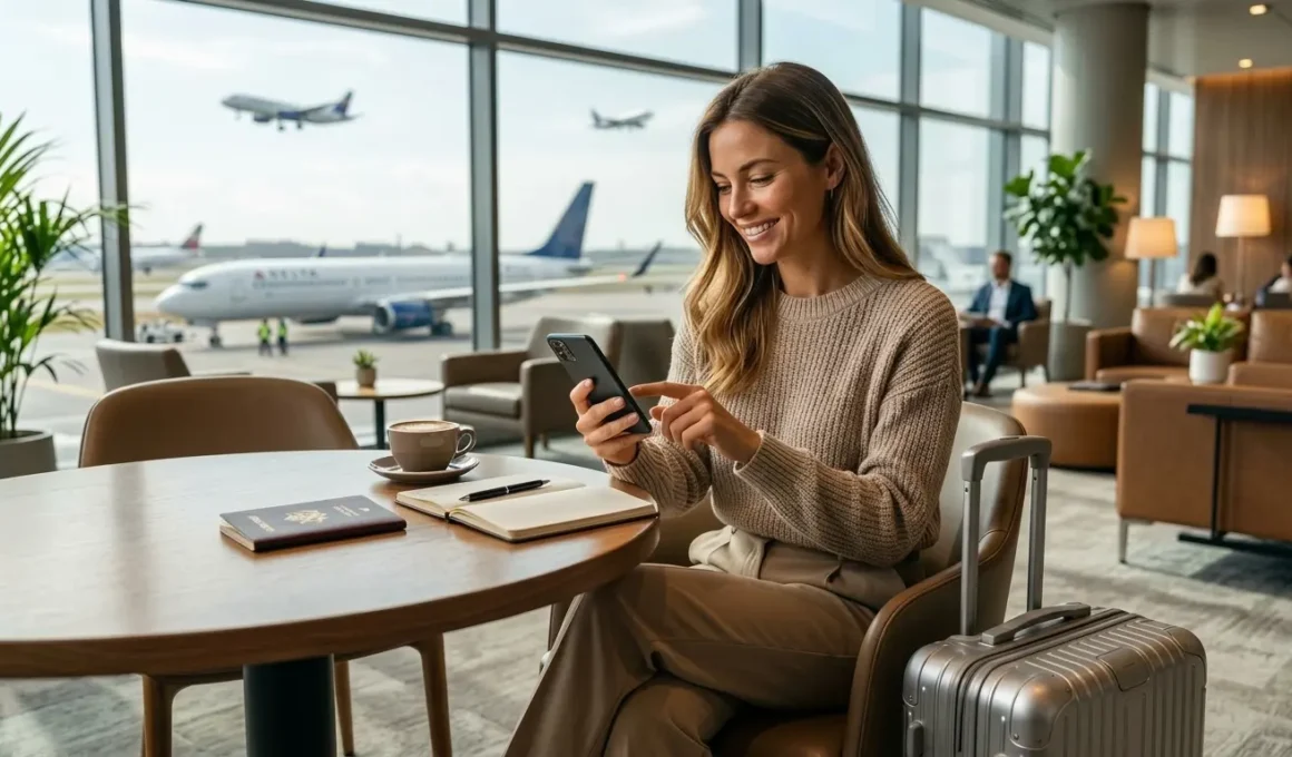 Viajante digital em lounge de aeroporto usando o celular ao lado de uma mala, com avião ao fundo, representando uma promoção de milhas e conta internacional.