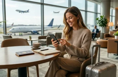 Viajante digital em lounge de aeroporto usando o celular ao lado de uma mala, com avião ao fundo, representando uma promoção de milhas e conta internacional.