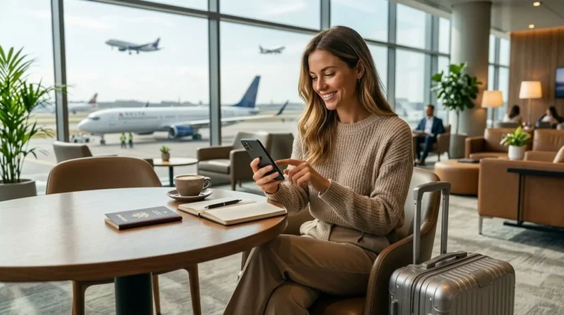 Viajante digital em lounge de aeroporto usando o celular ao lado de uma mala, com avião ao fundo, representando uma promoção de milhas e conta internacional.