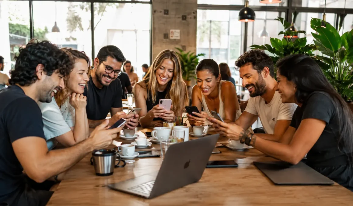 Sete nômades digitais felizes e sorridentes interagem em uma cafeteria em São Paulo, olhando para os celulares e conversando ao redor de uma mesa com cafés e laptops.